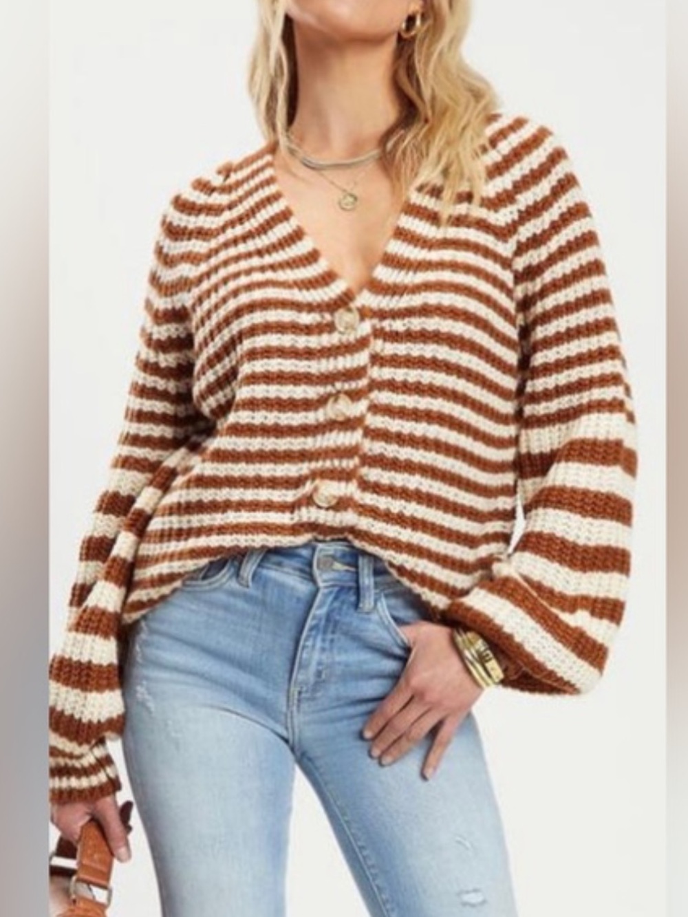 FORE Striped V-Neck Button Front Sweater Cardigan - Brown & Cream. Size L